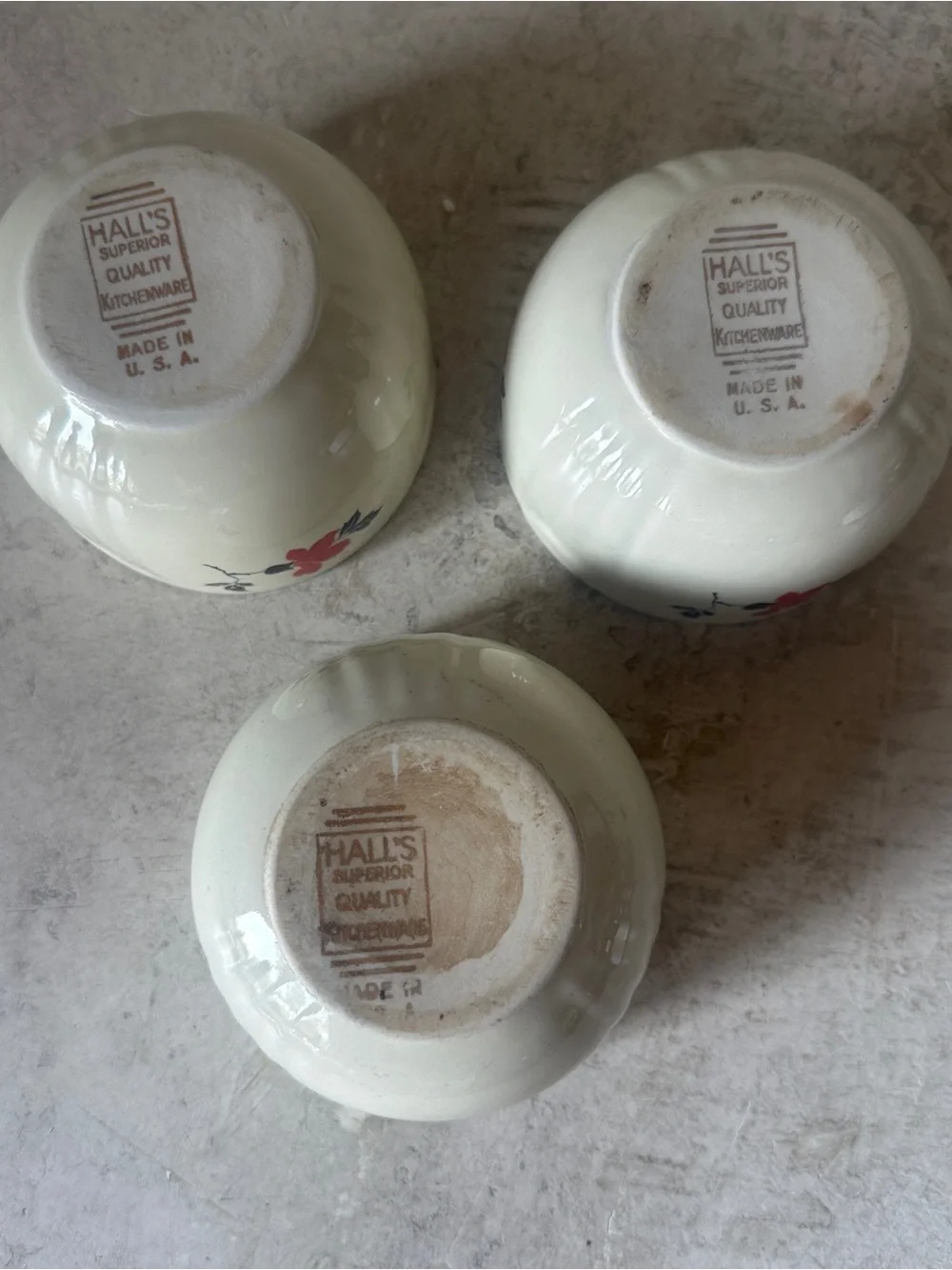 Vintage Hall's Superior Red Poppy 3.5” Custard Cups Set Of 3 Ceramic Platinum